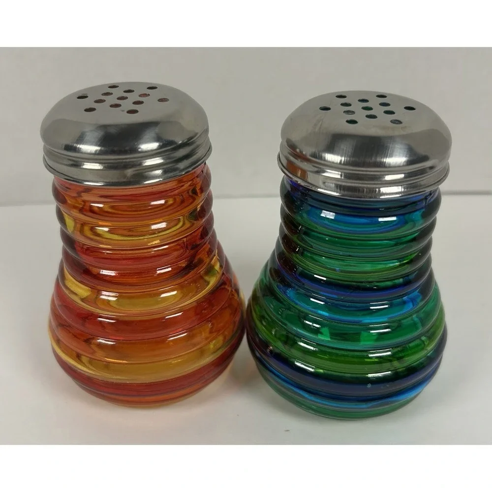 VTG Colorful Ribbed Glass Kitchen Shaker Bottles Orange Blue Green 4